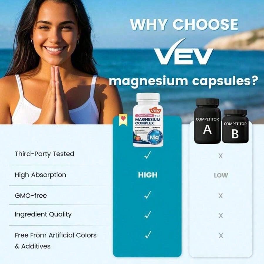 VEV DeepCalm Magnesium Complex 15-In-1 With Magnesium Glycinate, Citrate, Malate, Ashwagandha & L-Theanine, 120 Capsules"