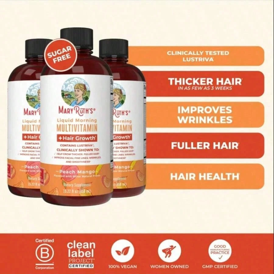 Liquid Multivitamin With – Hair Growth, Skin Smoothness & Daily Wellness | Peach Mango Flavor | Vegan | 15.22 Fl Oz