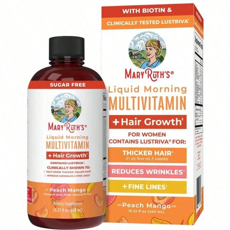 Liquid Multivitamin With – Hair Growth, Skin Smoothness & Daily Wellness | Peach Mango Flavor | Vegan | 15.22 Fl Oz