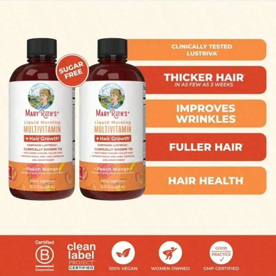 Liquid Multivitamin With – Hair Growth, Skin Smoothness & Daily Wellness | Peach Mango Flavor | Vegan | 15.22 Fl Oz