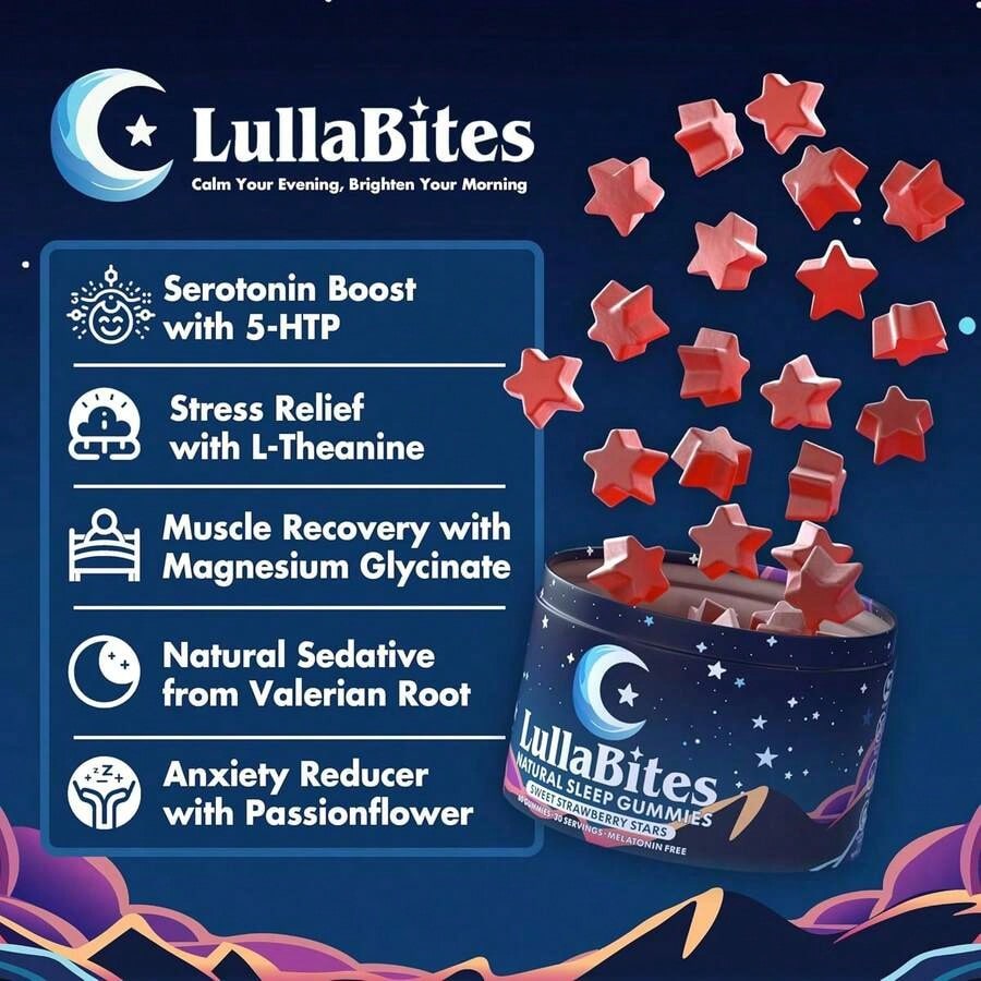 LullaBites Natural Sleep Gummies – Melatonin-Free Blend With 5-HTP, L-Theanine, Magnesium & Valerian – Vegan, Sugar-Free, Halal – Strawberry Flavor – 60 Gummies (30 Servings)