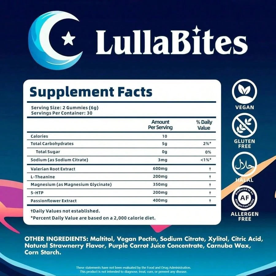 LullaBites Natural Sleep Gummies – Melatonin-Free Blend With 5-HTP, L-Theanine, Magnesium & Valerian – Vegan, Sugar-Free, Halal – Strawberry Flavor – 60 Gummies (30 Servings)