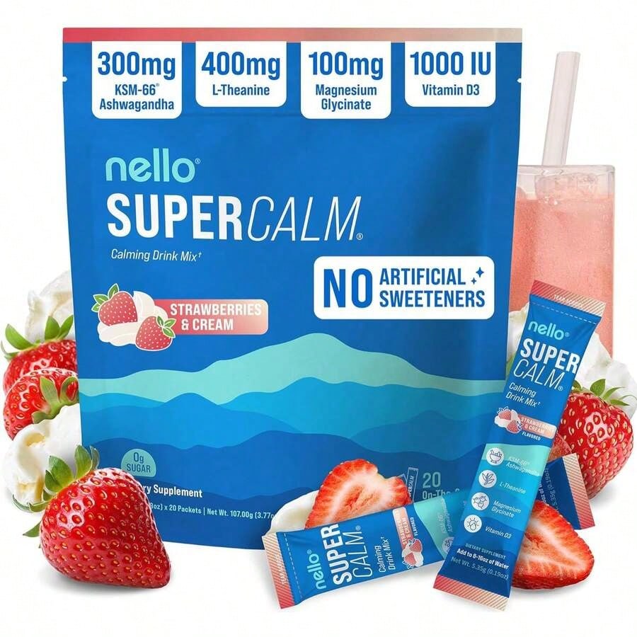 Nello SuperCalm Powdered Drink Mix – Cortisol Support, Sleep Aid Supplement With Magnesium Glycinate, L-Theanine & KSM-66 Ashwagandha, Vitamin D3, No Sugar, Non-GMO, Strawberries & Cream, 20 Packets*