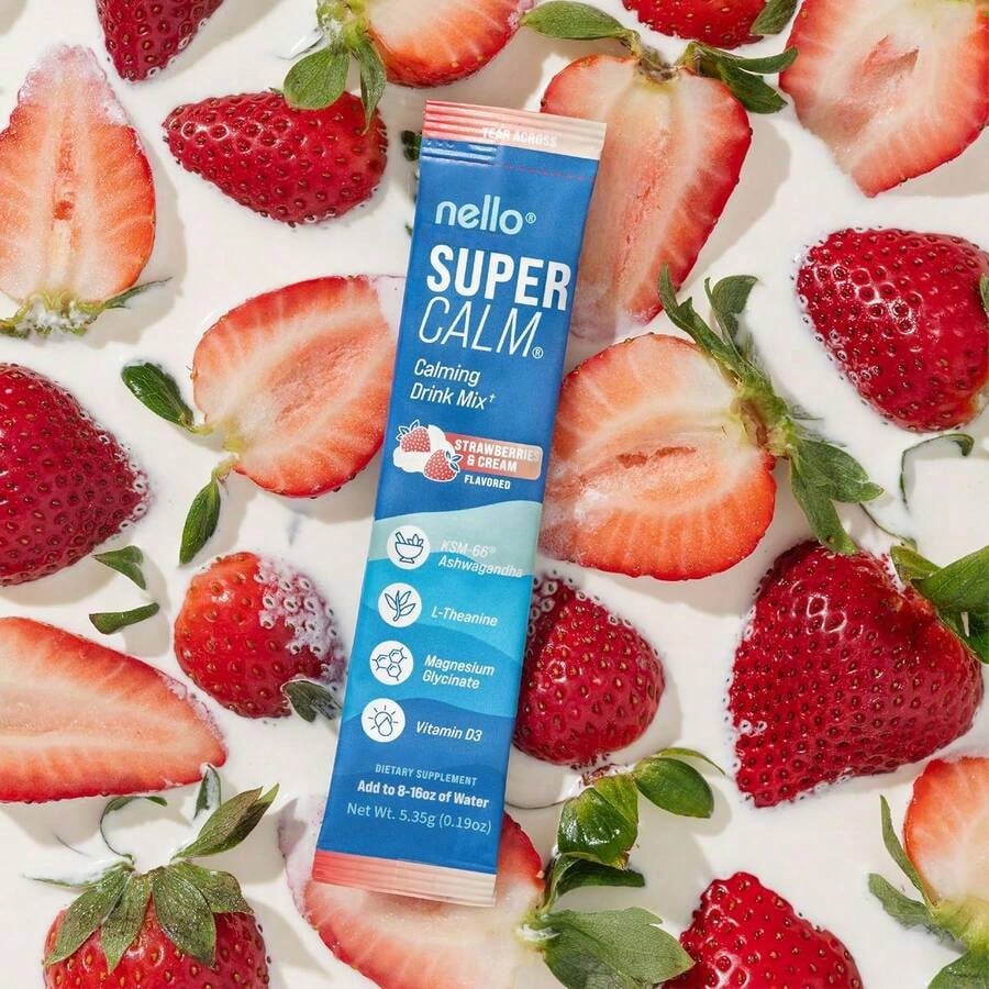 Nello SuperCalm Powdered Drink Mix – Cortisol Support, Sleep Aid Supplement With Magnesium Glycinate, L-Theanine & KSM-66 Ashwagandha, Vitamin D3, No Sugar, Non-GMO, Strawberries & Cream, 20 Packets*