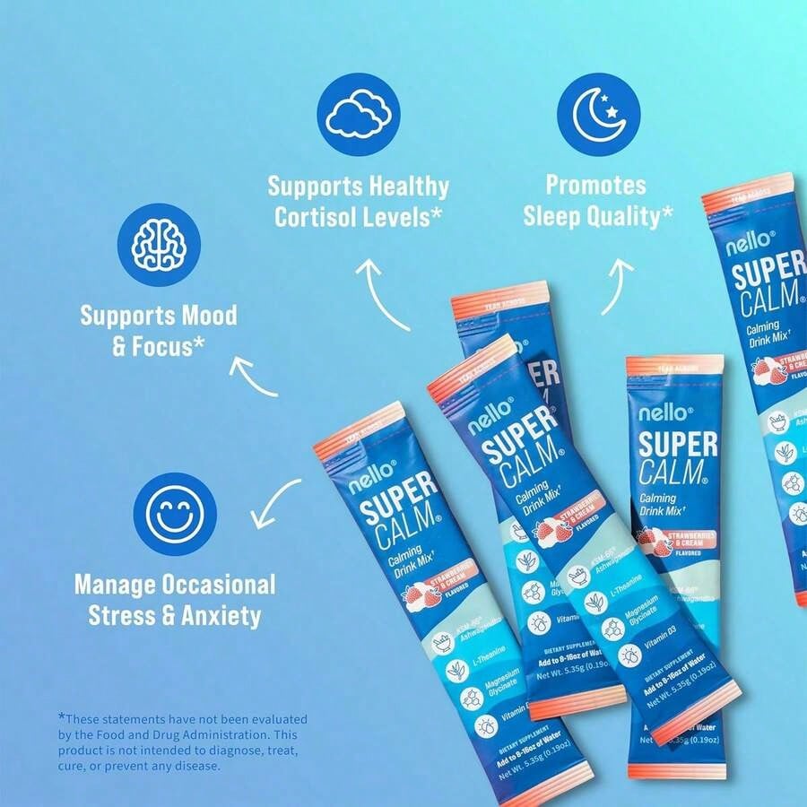 Nello SuperCalm Powdered Drink Mix – Cortisol Support, Sleep Aid Supplement With Magnesium Glycinate, L-Theanine & KSM-66 Ashwagandha, Vitamin D3, No Sugar, Non-GMO, Strawberries & Cream, 20 Packets*