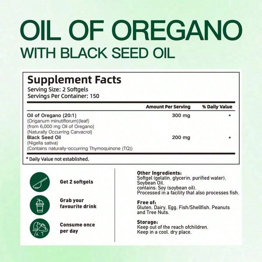 OIL OF OREGANO--WITH BLACK SEED OIL | 6,200mg Per Serving Herbal Equivalent** | Ultra High Carvacrol &Thymoquinone | 300 Softgels Dietary Supplement
