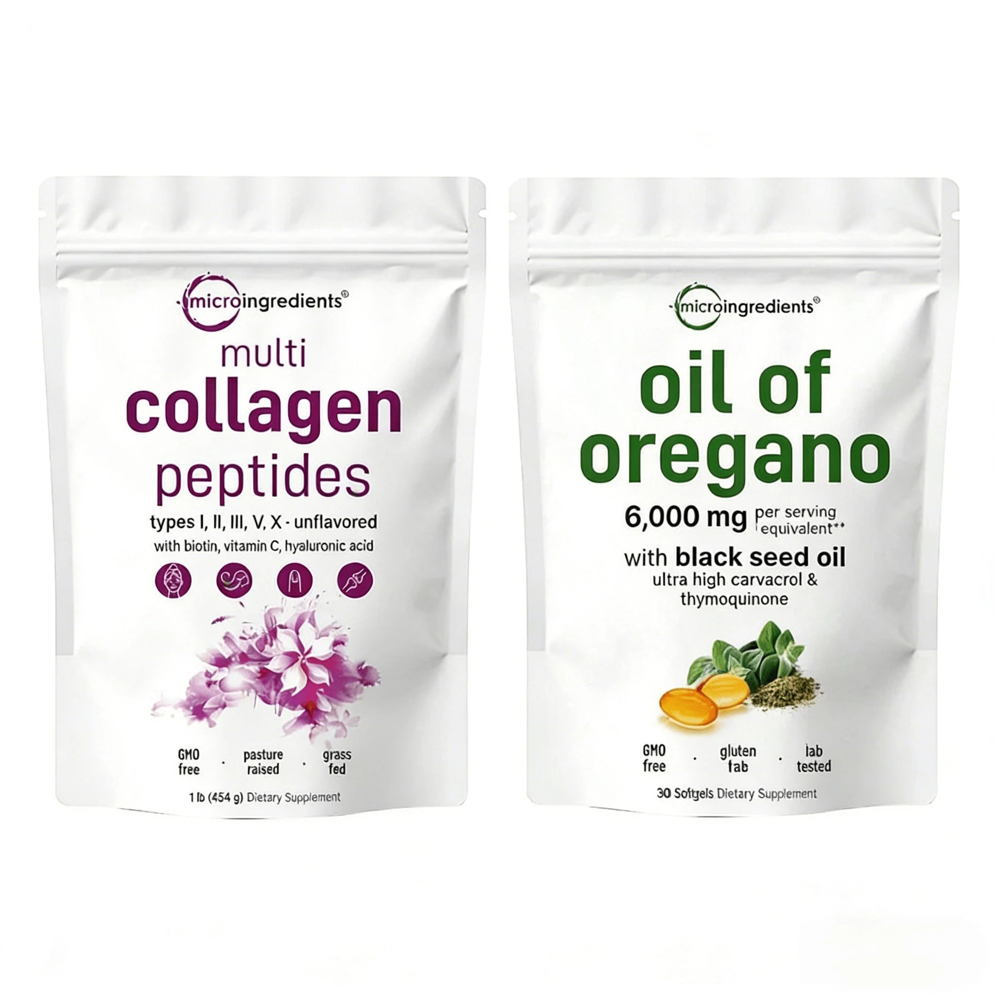 Oregano Oil Softgels & Multi Collagen Peptides Powder Bundle | 150/75 Day Supply Immune & Collagen Boost | Unflavored Dietary Supplement