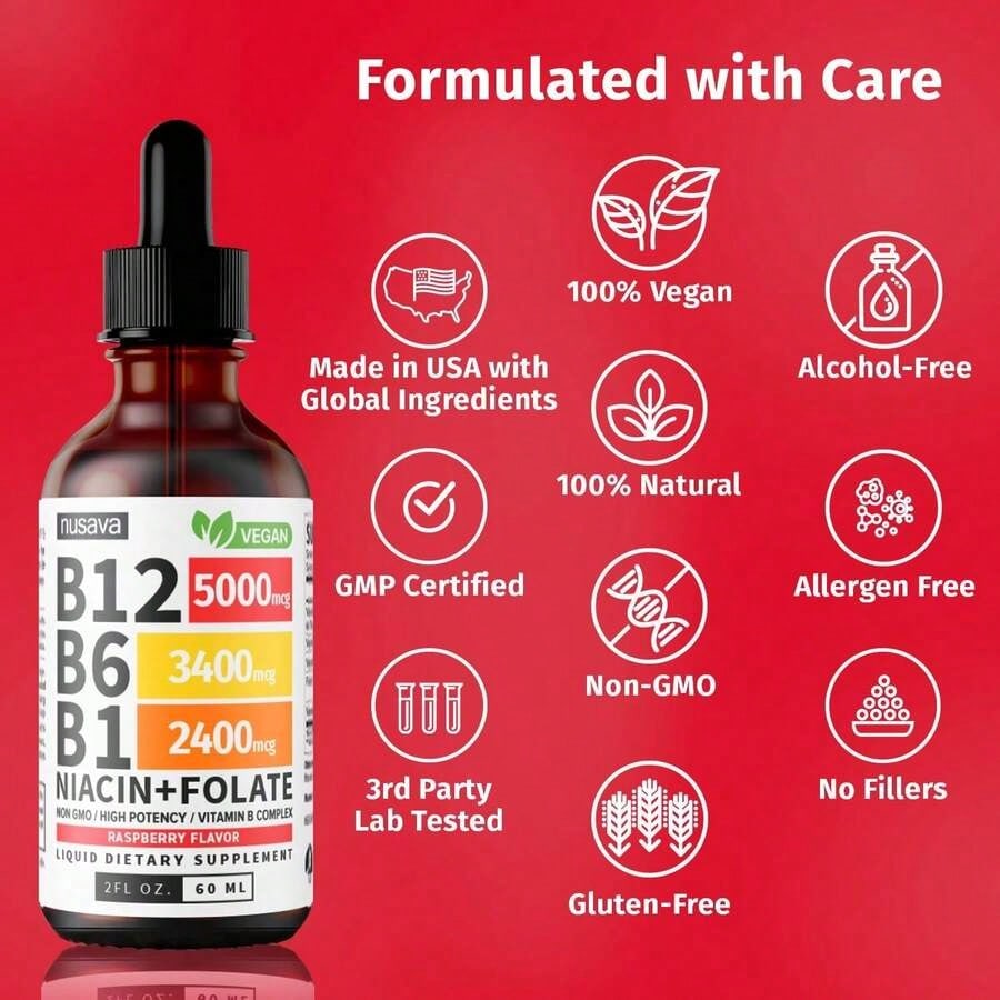 Vitamin B12 And B6 Liquid Drops, B12 Sublingual Vitamin B Complex - B 12 Vitamin 5000mcg - B12 Methylcobalamin For Energy, Brain, And Heart Support With 27,200 Mcg, Raspberry, 80 Servings