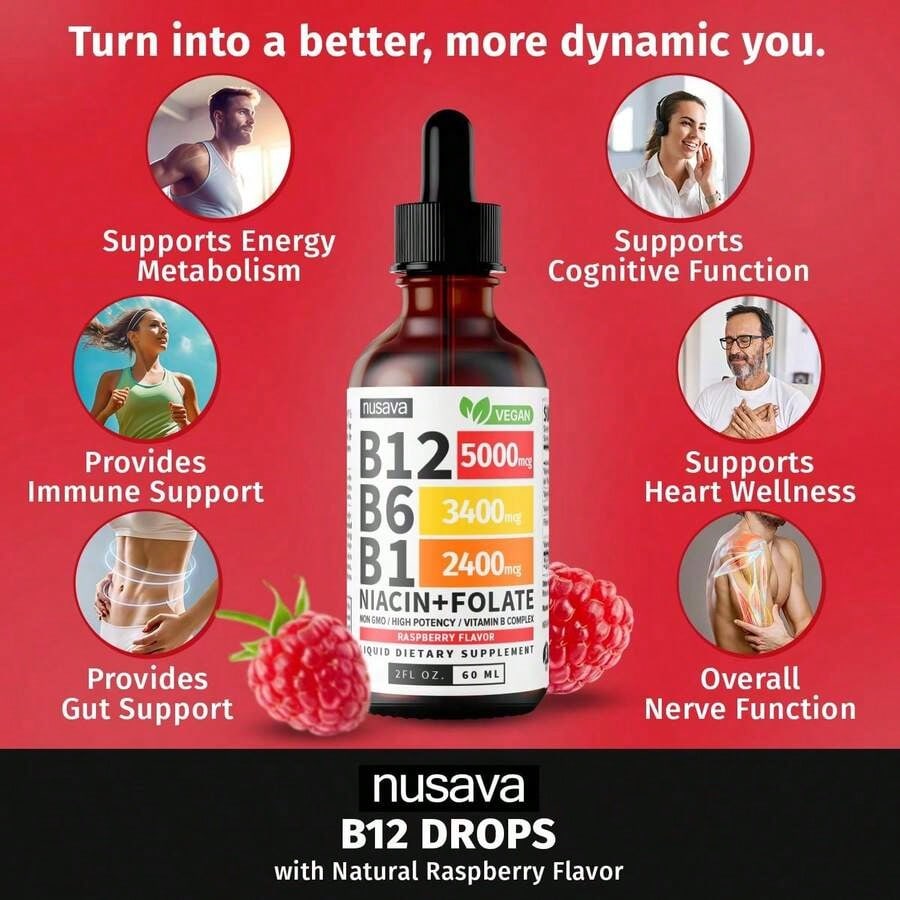 Vitamin B12 And B6 Liquid Drops, B12 Sublingual Vitamin B Complex - B 12 Vitamin 5000mcg - B12 Methylcobalamin For Energy, Brain, And Heart Support With 27,200 Mcg, Raspberry, 80 Servings