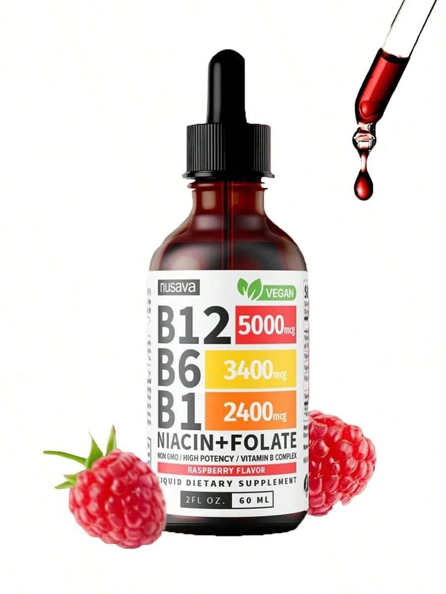 Vitamin B12 And B6 Liquid Drops, B12 Sublingual Vitamin B Complex - B 12 Vitamin 5000mcg - B12 Methylcobalamin For Energy, Brain, And Heart Support With 27,200 Mcg, Raspberry, 80 Servings