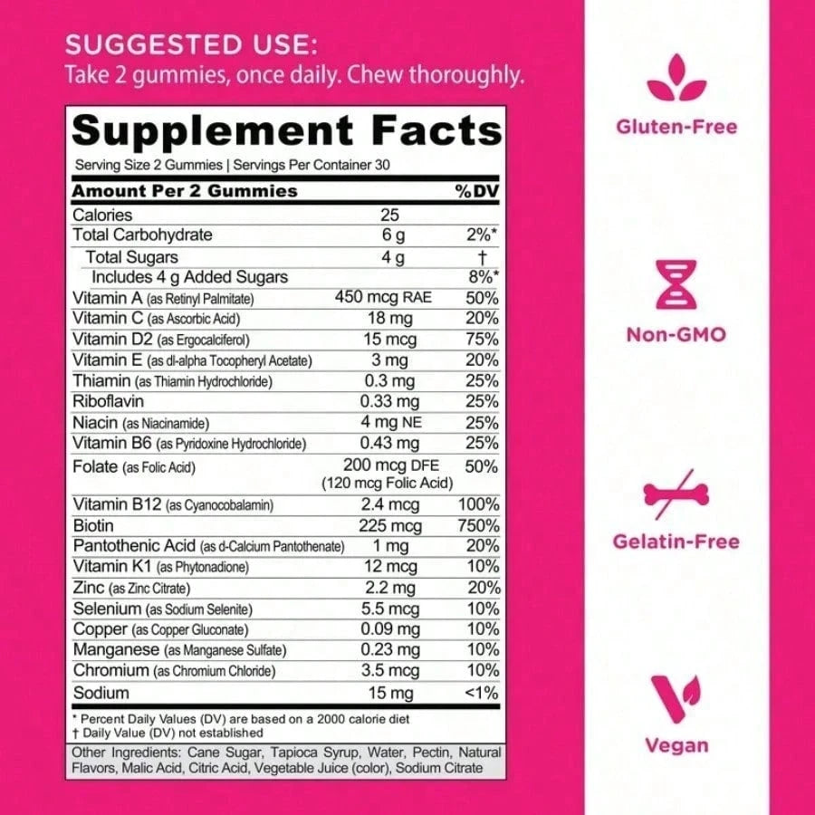 Women's Complete Multi Gummies All 13 Essential Vitamins, All B Vitamins, Vitamin Zinc, Biotin And More. Healthy Hair, Skin & Nails, Eyes, Immune, Brain & Nervous System, Heart Health. Gluten-Free, Vegan, Non-GMO, And Gelatin-Free.