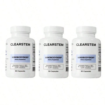 CLEARSTEM - MINDBODYSKIN Hormonal Acne Supplement (5-HTP) - Natural DIM Supplement - Skin Care Vitamins - Hormone Balance, Antioxidants - Gluten Free, Cruelty Free - 30 Servings, 90 Capsules