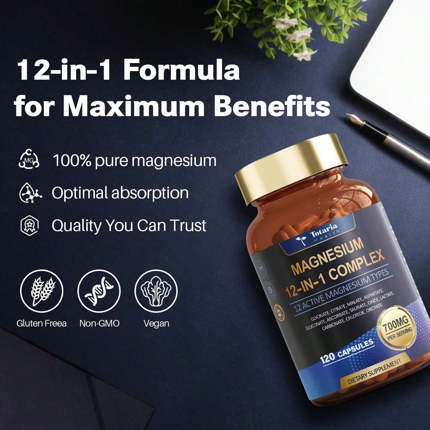 Magnesium Complex 700mg 12 In 1 Magnesium Supplement With Glycinate Citrate Malate Oxide Taurate Aspartate Orotate Magnesium Relaxation,Muscle,Heart Support, Vegan 120 Capsules