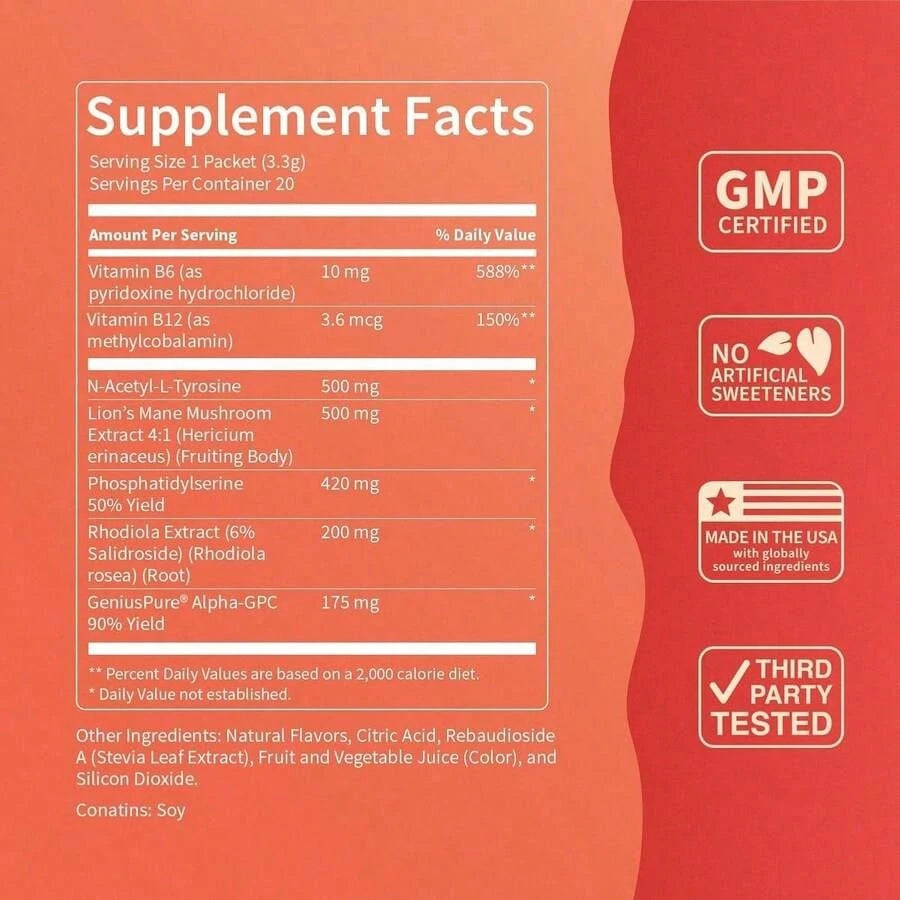 Nello Superfocus Focus Drink Mix – Fruit Punch Flavor – Alpha GPC, Lion's Mane, Rhodiola & N-Acetyl L-Tyrosine – Sugar-Free, On-The-Go Packets – 20 Servings