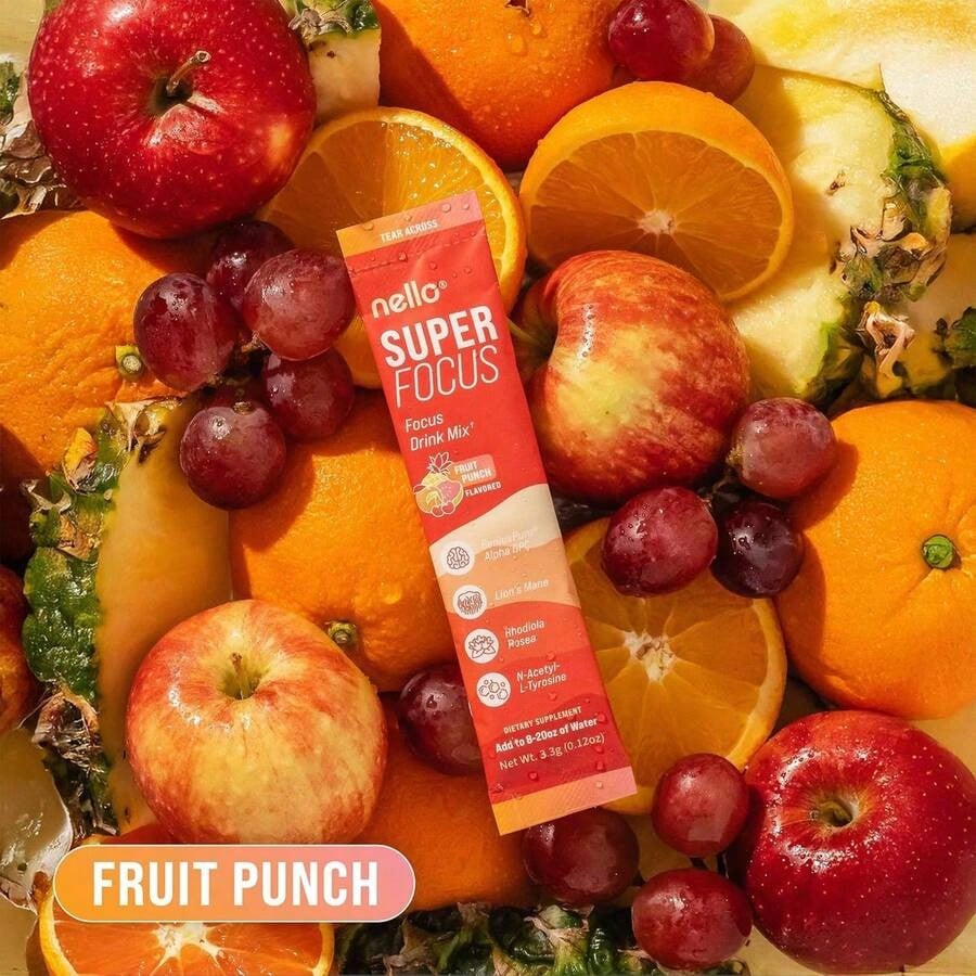 Nello Superfocus Focus Drink Mix – Fruit Punch Flavor – Alpha GPC, Lion's Mane, Rhodiola & N-Acetyl L-Tyrosine – Sugar-Free, On-The-Go Packets – 20 Servings