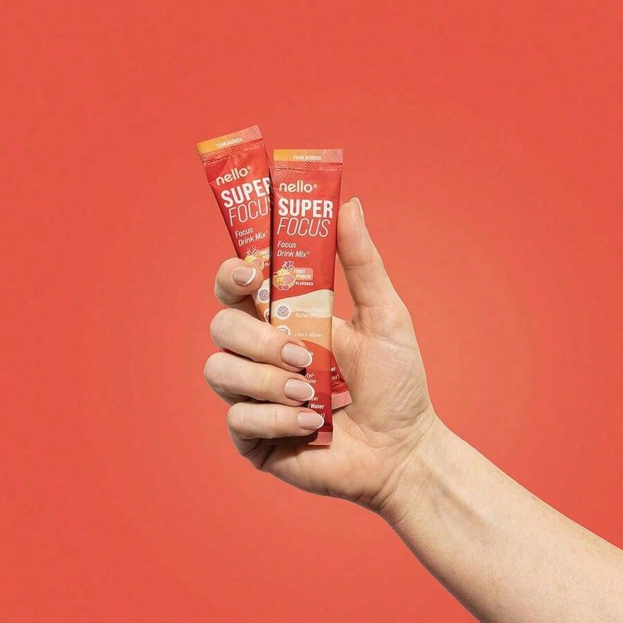 Nello Superfocus Focus Drink Mix – Fruit Punch Flavor – Alpha GPC, Lion's Mane, Rhodiola & N-Acetyl L-Tyrosine – Sugar-Free, On-The-Go Packets – 20 Servings