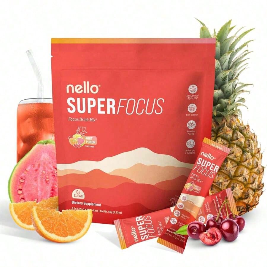 Nello Superfocus Focus Drink Mix – Fruit Punch Flavor – Alpha GPC, Lion's Mane, Rhodiola & N-Acetyl L-Tyrosine – Sugar-Free, On-The-Go Packets – 20 Servings