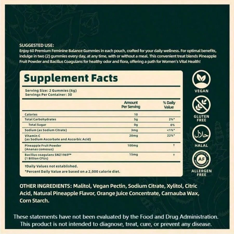 Premium Feminine Balance Gummies For Women| PH & Odor Support With Bacillus Coagulans| Hawaiian Pineapple Flavor| Vegan, Gluten-Free| 60 Gummies (30 Servings)