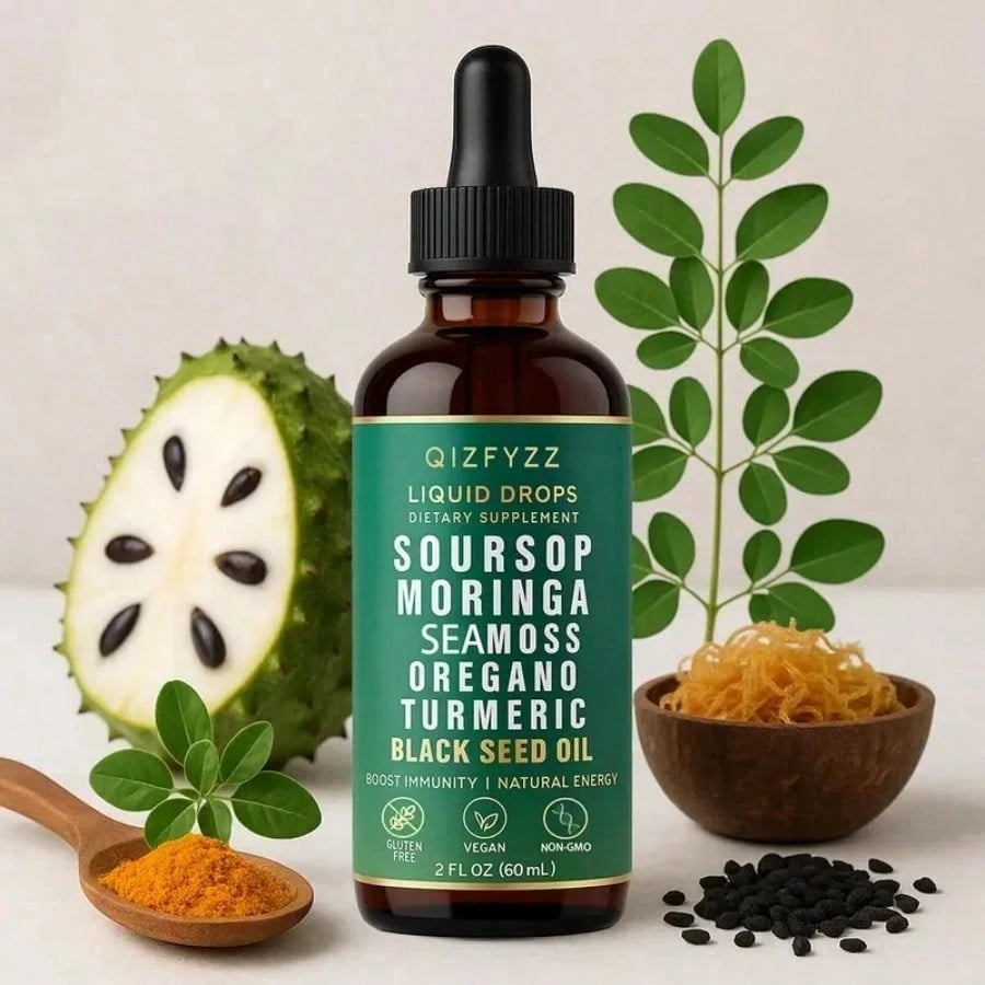 Soursop Bitters Natural Herbal Liquid Drops (10-In-1 Formula, 2 Fl. Oz) - Vegan & Non-GMO | Infused With Nori, Moringa, Turmeric, Black Seed Oil, Oregano & Ashwagandha | Supports Overall Wellness
