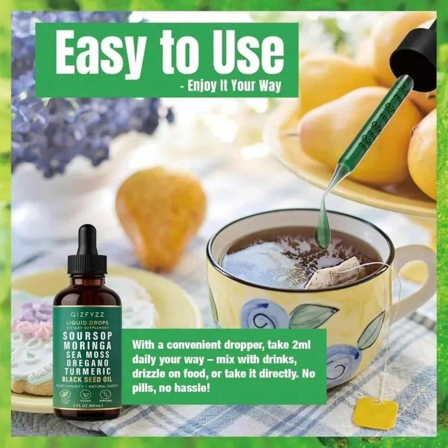 Soursop Bitters Natural Herbal Liquid Drops (10-In-1 Formula, 2 Fl. Oz) - Vegan & Non-GMO | Infused With Nori, Moringa, Turmeric, Black Seed Oil, Oregano & Ashwagandha | Supports Overall Wellness