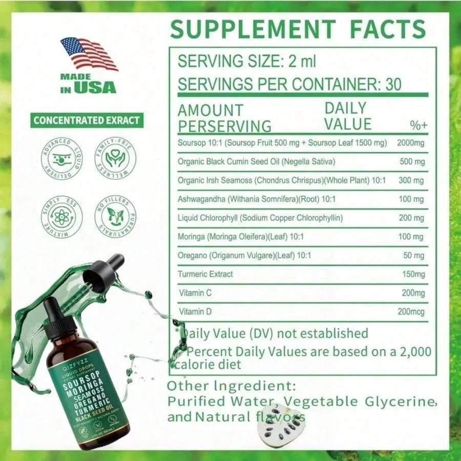 Soursop Bitters Natural Herbal Liquid Drops (10-In-1 Formula, 2 Fl. Oz) - Vegan & Non-GMO | Infused With Nori, Moringa, Turmeric, Black Seed Oil, Oregano & Ashwagandha | Supports Overall Wellness