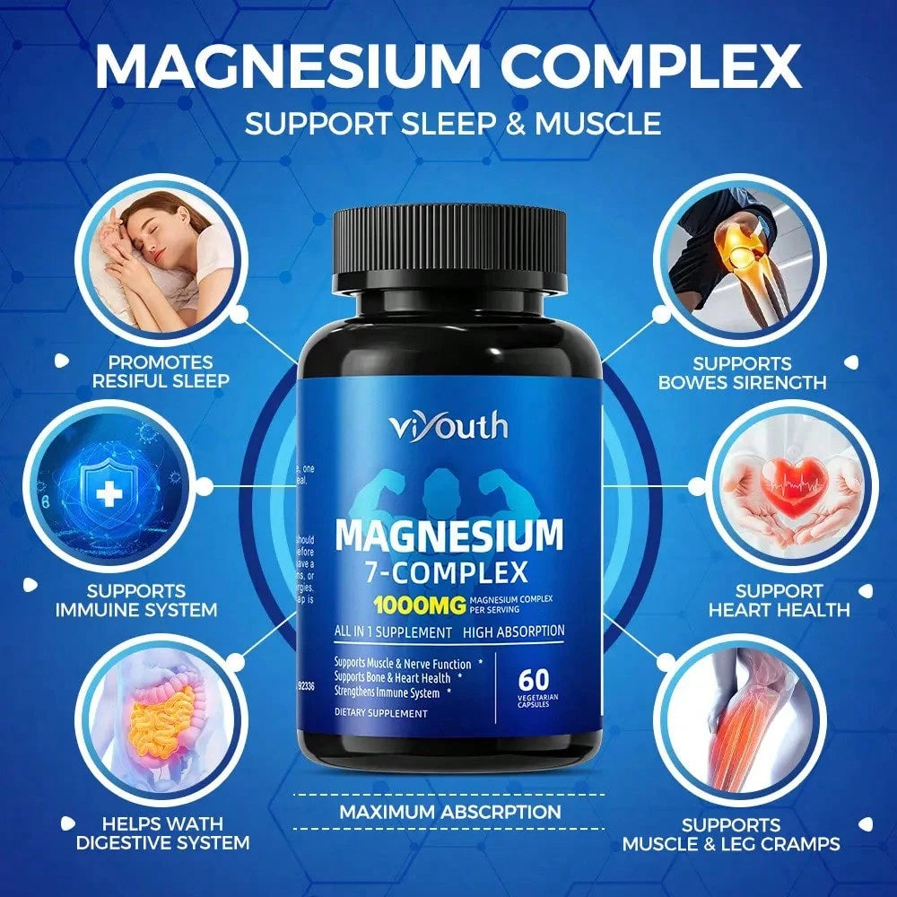 Viyouth 1000mg 7-Type Magnesium Complex With Zinc – Multi-Benefit Formula For Calm, Deep Sleep, Muscle & Nerve Support, Energy Production, Heart & Bone Health, Digestive Balance, Detox & Cortisol Regulation –3rd Party Tested