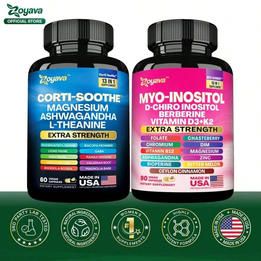 Zoyava Soothe-Smooth Bundle,Soothe & Smooth Bundle Multivitamin Combo, Cortisol Support Myo-Inositol Multivitamin Combo With Magnesium Glycinate, Ashwagandha,