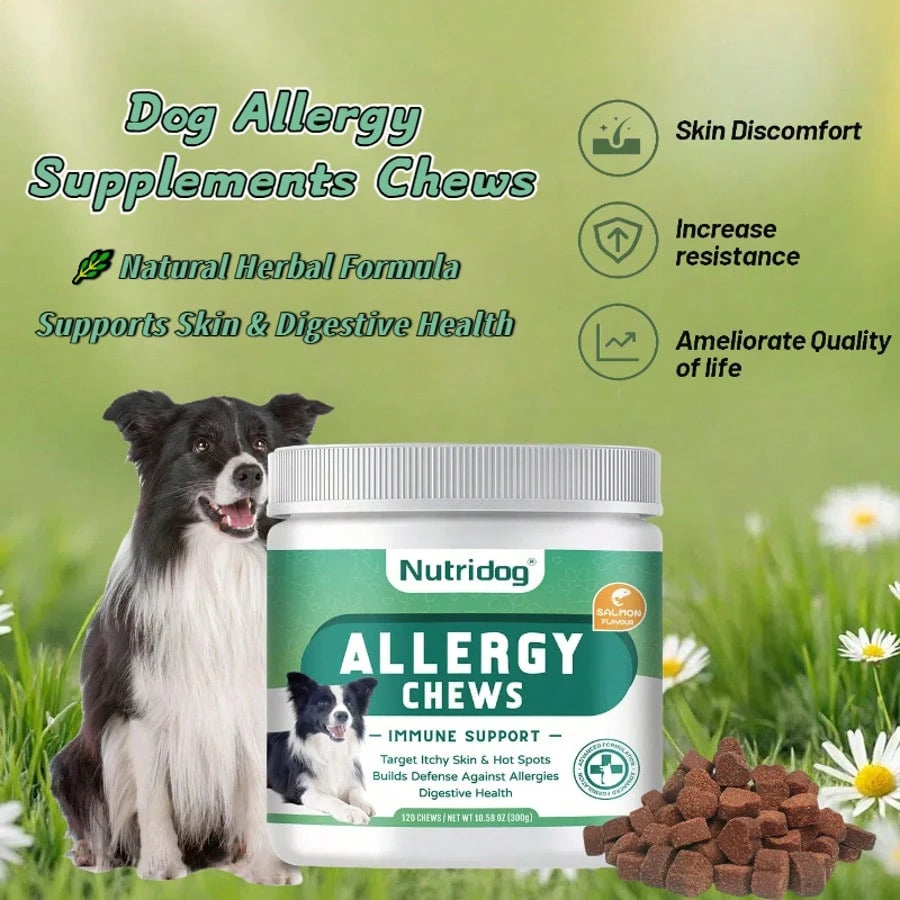 Allergy Chews For Dogs - Dog Itching Skin Relief & Seasonal Allergy Support With Chamomile, Salmon Oil, Quercetin - Probiotic Dog Allergy Relief Treats, Salmon Flavor, 120ct