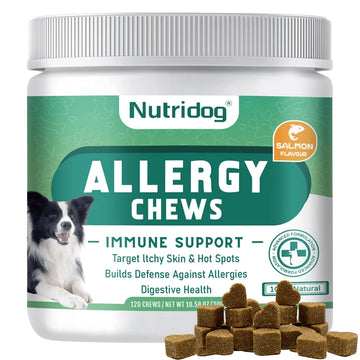 Allergy Chews For Dogs - Dog Itching Skin Relief & Seasonal Allergy Support With Chamomile, Salmon Oil, Quercetin - Probiotic Dog Allergy Relief Treats, Salmon Flavor, 120ct