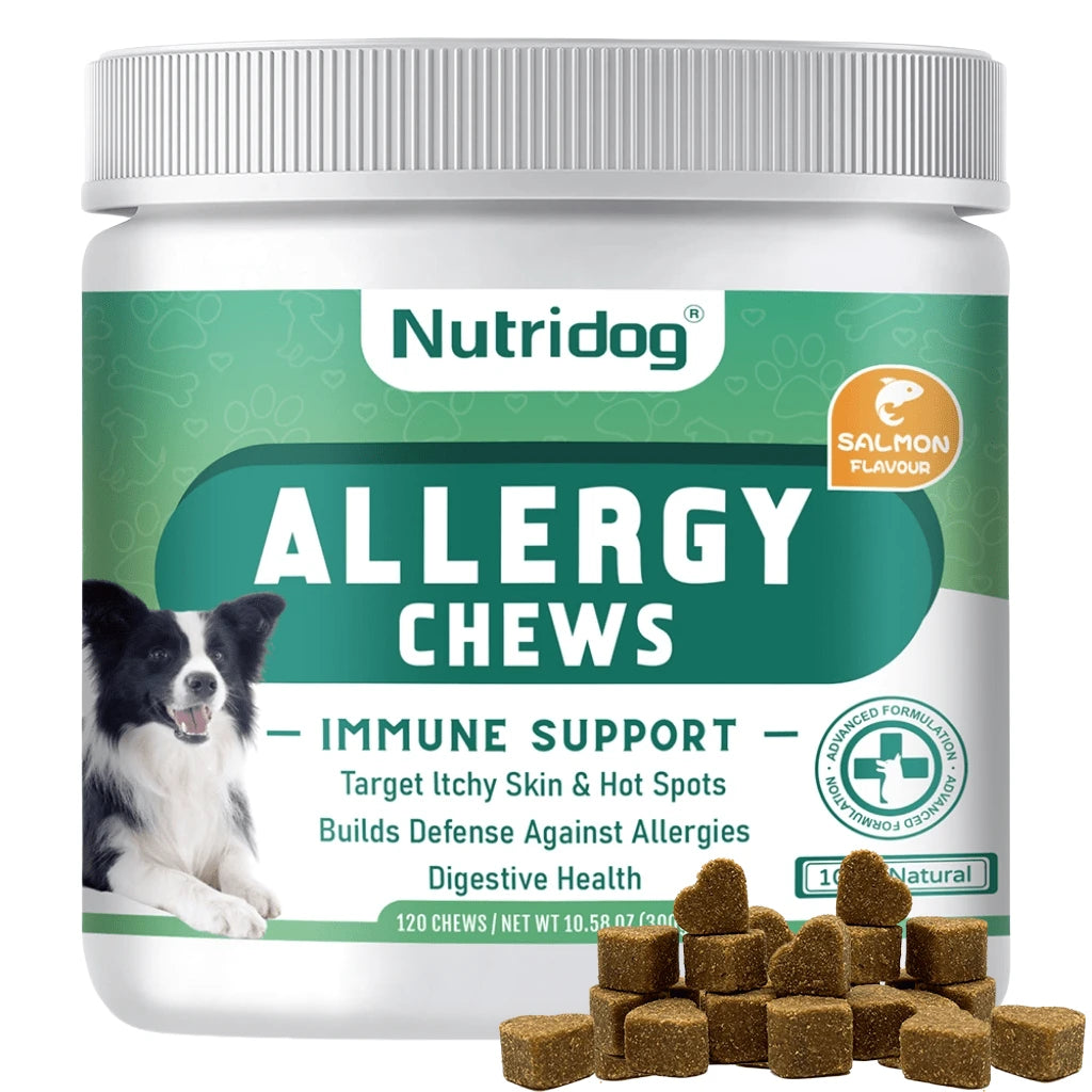 Allergy Chews For Dogs - Dog Itching Skin Relief & Seasonal Allergy Support With Chamomile, Salmon Oil, Quercetin - Probiotic Dog Allergy Relief Treats, Salmon Flavor, 120ct