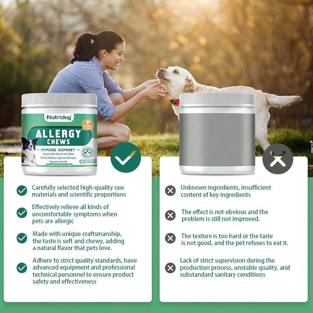 Allergy Chews For Dogs - Dog Itching Skin Relief & Seasonal Allergy Support With Chamomile, Salmon Oil, Quercetin - Probiotic Dog Allergy Relief Treats, Salmon Flavor, 120ct