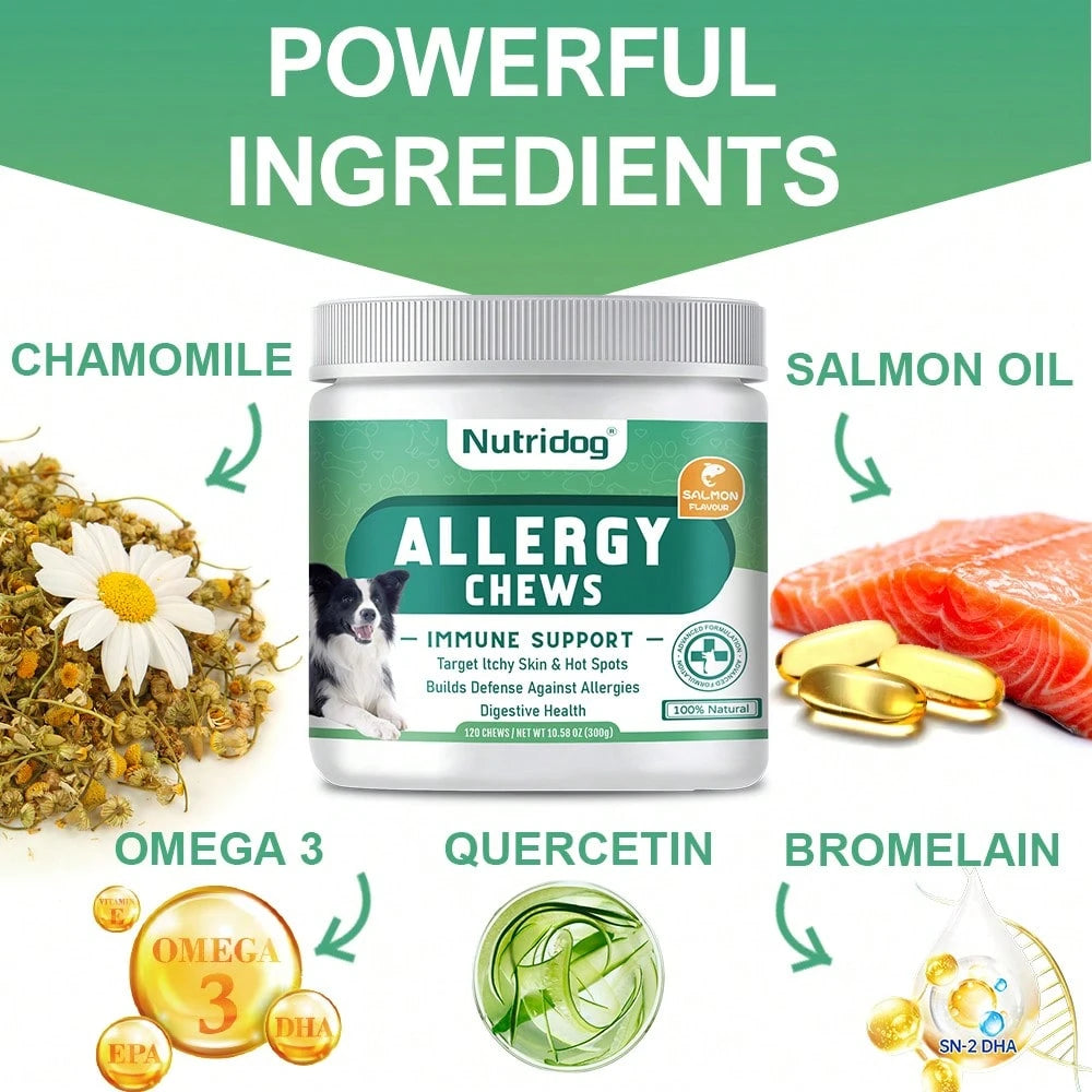 Allergy Chews For Dogs - Dog Itching Skin Relief & Seasonal Allergy Support With Chamomile, Salmon Oil, Quercetin - Probiotic Dog Allergy Relief Treats, Salmon Flavor, 120ct