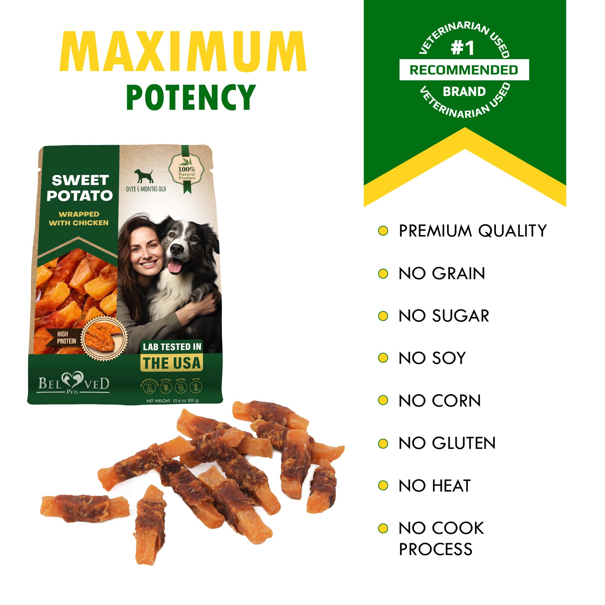 Beloved Pets Dog Sweet Potato Wrapped With Chicken & Pet Natural Chew Treats - Grain Free Meat & Human Grade Dried Snacks In Bulk - Best Twists For Training Small & Large Dogs (Sweet Potato) - Lab Tested In The USA