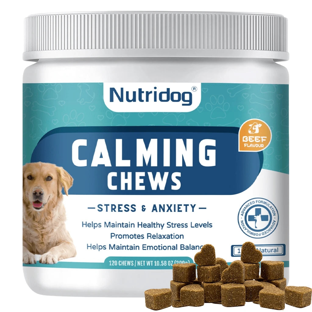 Calming Supplement Chews For Dogs Anxiety Relief - With Melatonin, ,Chamomile & L-Tryptophan - Stress Relief For Thunderstorms - Vet-Recommended Formula 120Ct(Beef)