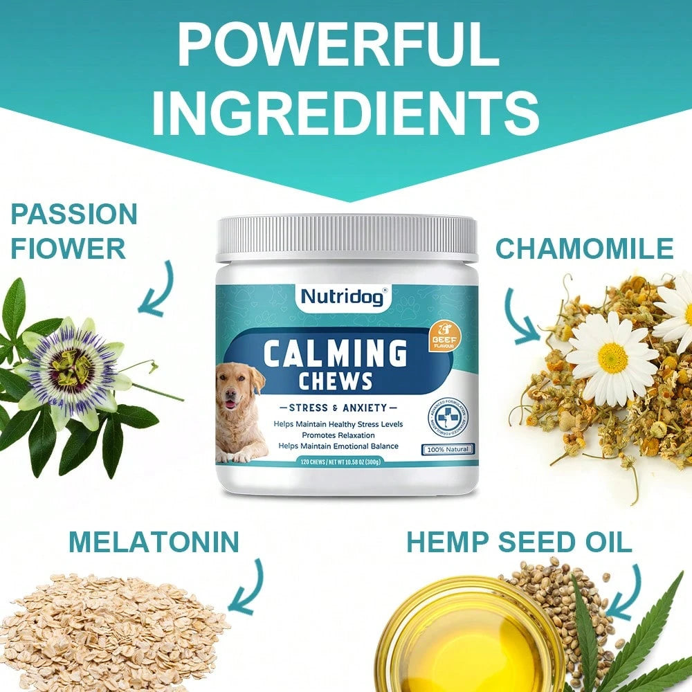 Calming Supplement Chews For Dogs Anxiety Relief - With Melatonin, ,Chamomile & L-Tryptophan - Stress Relief For Thunderstorms - Vet-Recommended Formula 120Ct(Beef)