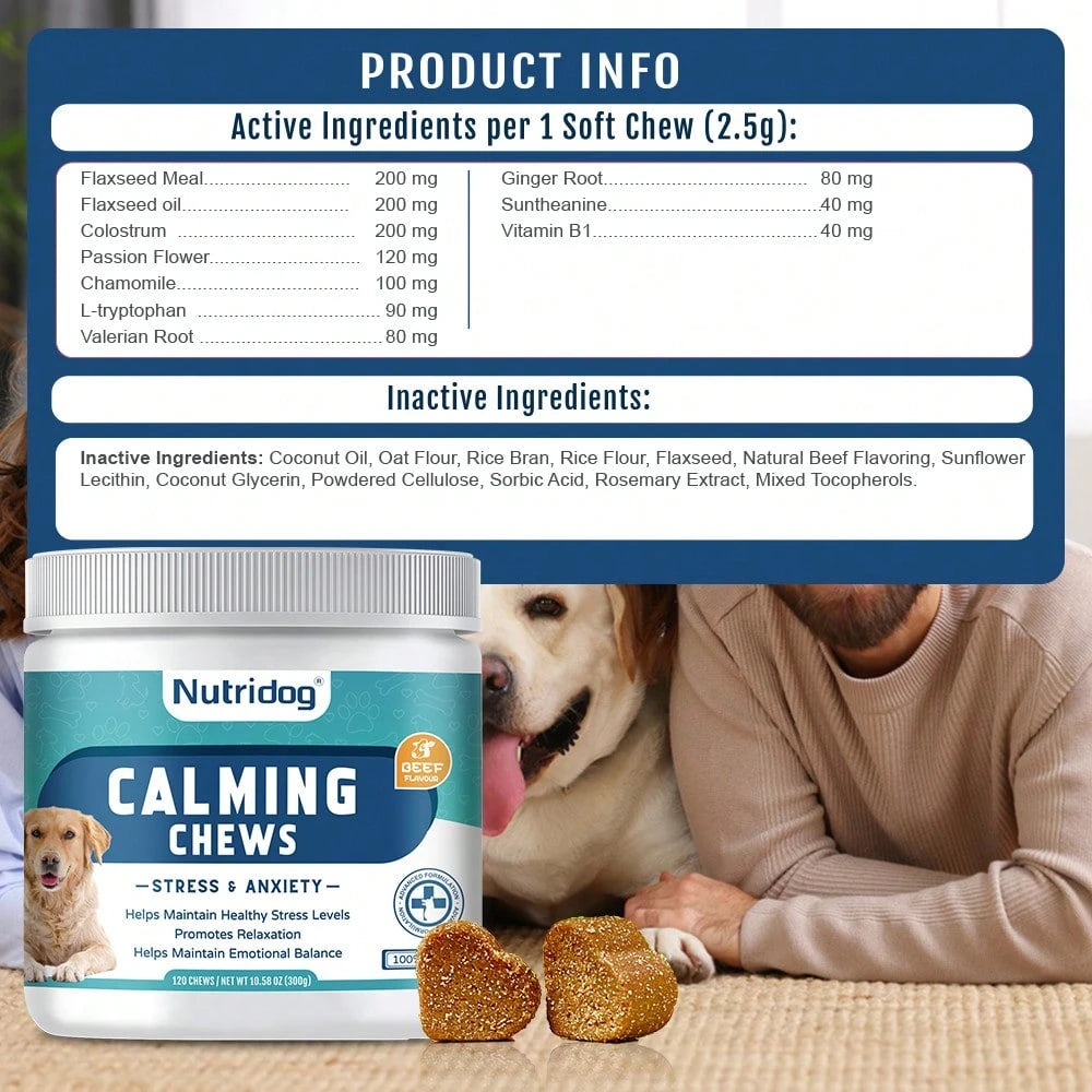 Calming Supplement Chews For Dogs Anxiety Relief - With Melatonin, ,Chamomile & L-Tryptophan - Stress Relief For Thunderstorms - Vet-Recommended Formula 120Ct(Beef)