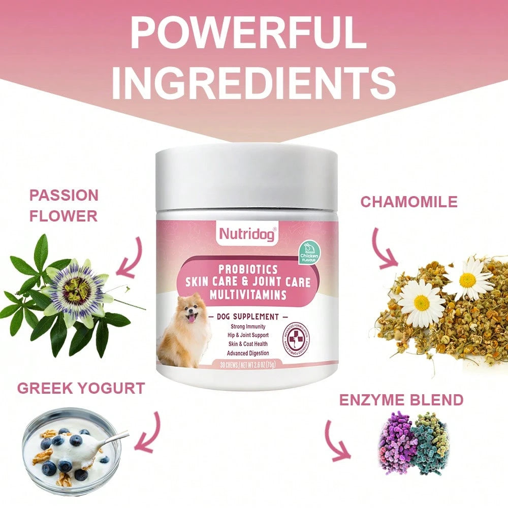 Multivitamin Chews For Dogs - Dog Vitamins With Probiotics, Glucosamine & Digestive Enzymes, Supports Joint Health, Immune System & Gut For Senior & Puppy,Chicken Flavor, 30Ct (ND-015)