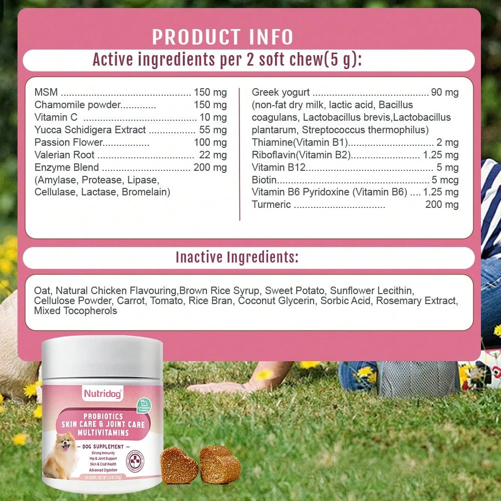 Multivitamin Chews For Dogs - Dog Vitamins With Probiotics, Glucosamine & Digestive Enzymes, Supports Joint Health, Immune System & Gut For Senior & Puppy,Chicken Flavor, 30Ct (ND-015)