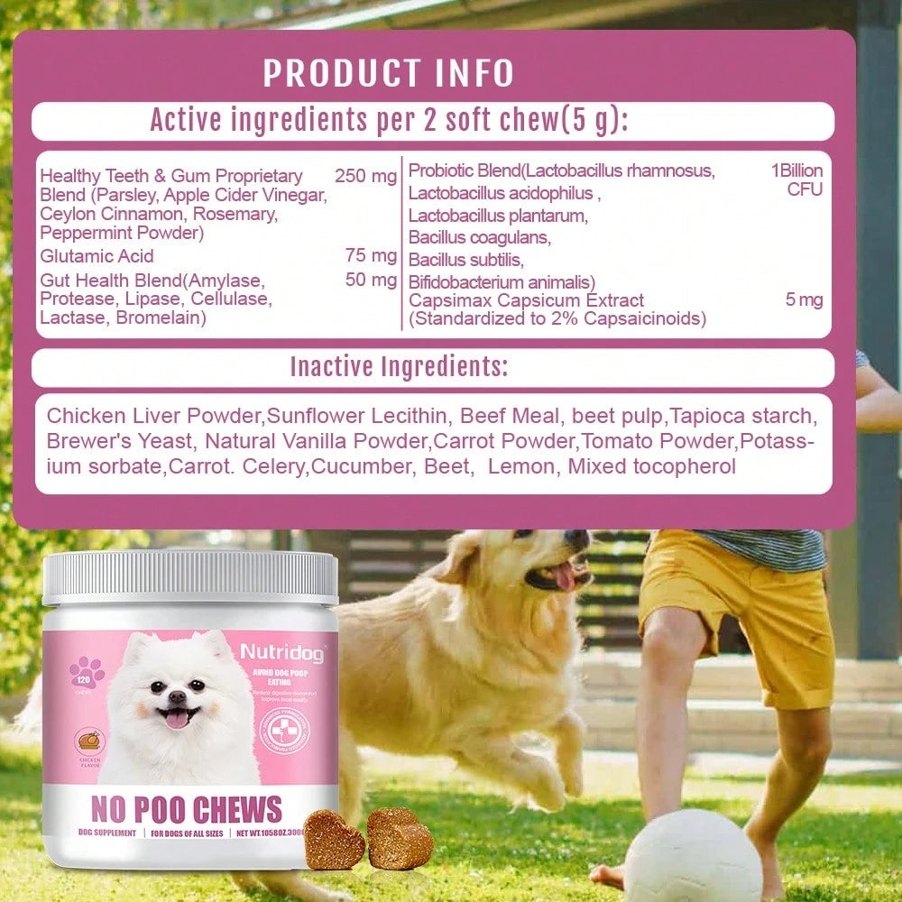 No Poo Chews For Dogs - 120 Ct Chicken Flavor - Coprophagia & Stool Eating Deterrent With Probiotics, Digestive Enzymes & Breath Aid - Stop Dog Poop Eating - Gut Health (Chicken)