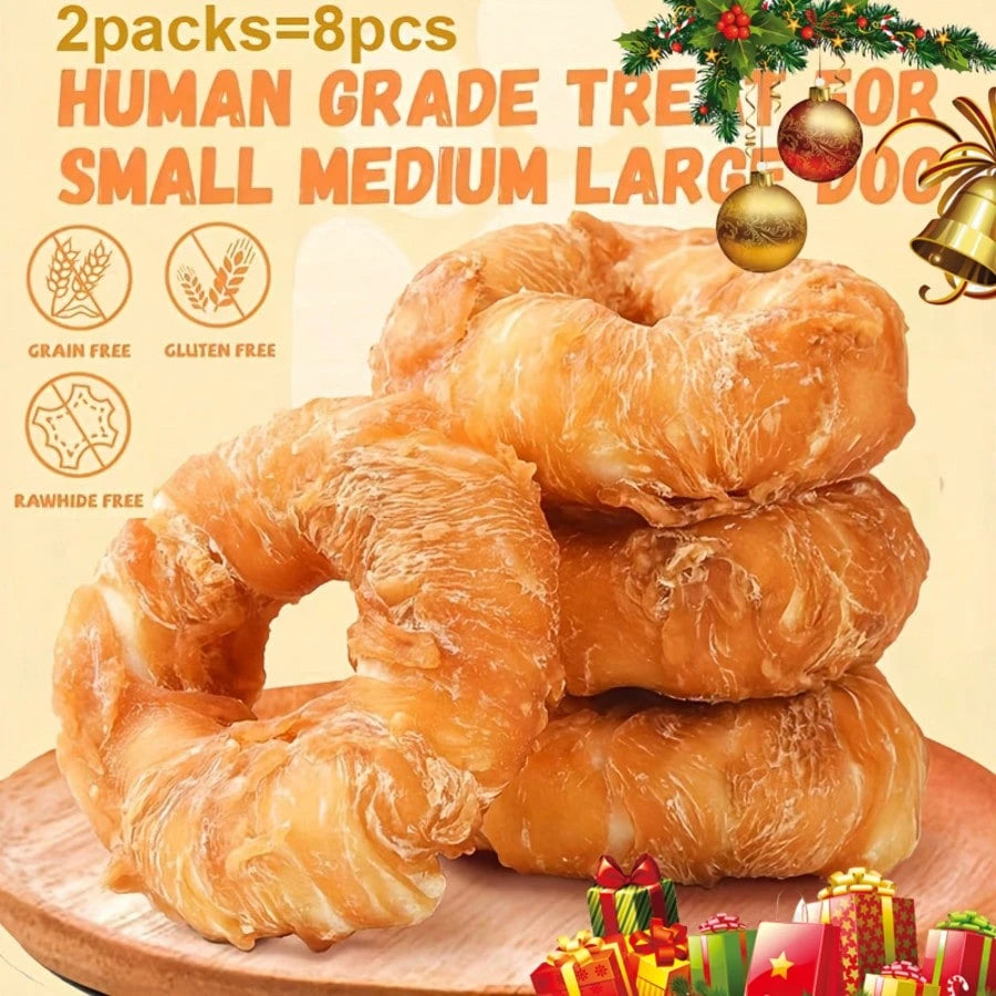 Premium 4PCS Natural Dog Treats Chews: Real Chicken Wrapped Cowhide Teething Donut Treats - 3.5" Grain-Free Canine Puppy Snacks For Healthy Teeth
