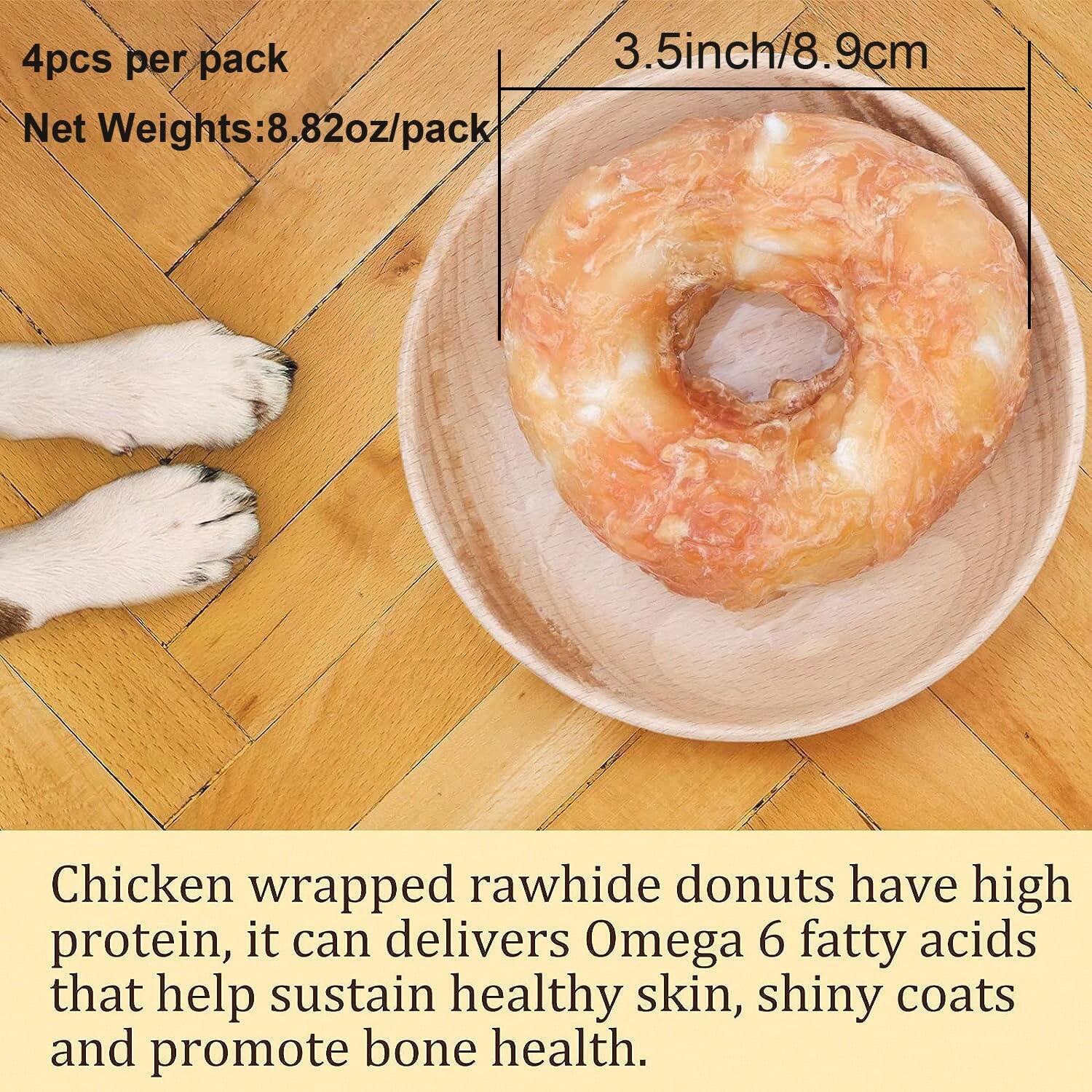 Premium 4PCS Natural Dog Treats Chews: Real Chicken Wrapped Cowhide Teething Donut Treats - 3.5" Grain-Free Canine Puppy Snacks For Healthy Teeth