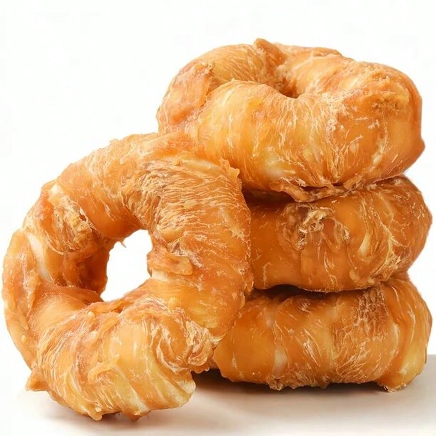 Premium 4PCS Natural Dog Treats Chews: Real Chicken Wrapped Cowhide Teething Donut Treats - 3.5" Grain-Free Canine Puppy Snacks For Healthy Teeth