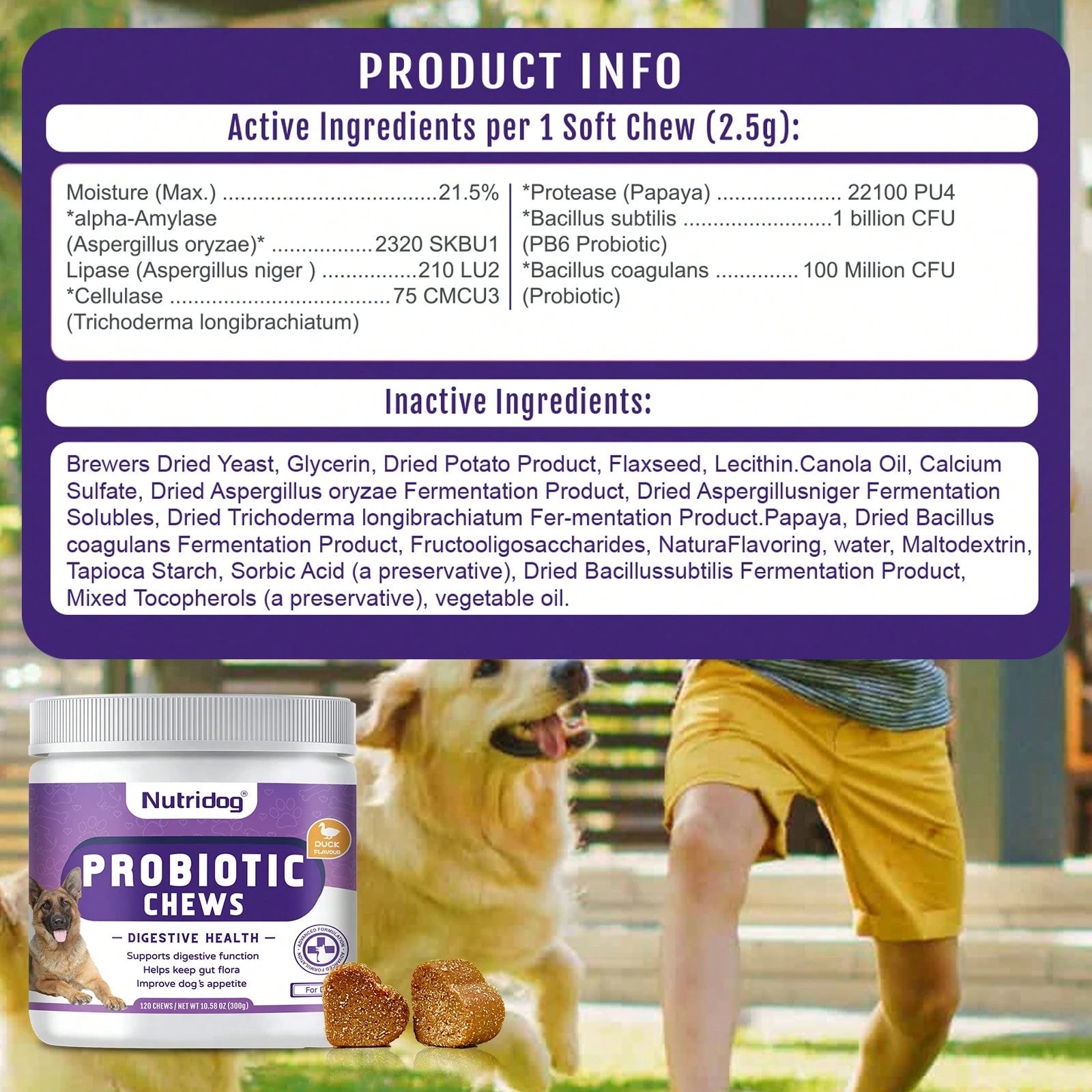 Probiotics For Dogs Chews, Duck Flavor - Supports Gut Health, Digestive Balance & Seasonal Allergy Relief & Itchy Skin Relief - Prebiotic & Probiotic Soft Chews(120 Count) (Duck)