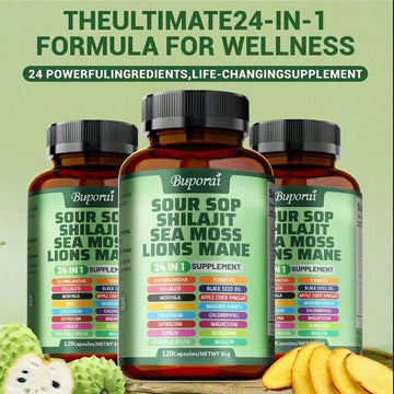 Multi Bottles - Soursop Dietary Supplement, Rich In Antioxidants, 120 Capsules Per Bottle, With Added Shiitake Mushroom, Seaweed, And Lion's Mane Mushroom, 24 In 1, Supports Skin, Joint, And Bone Health, For Women, For Men